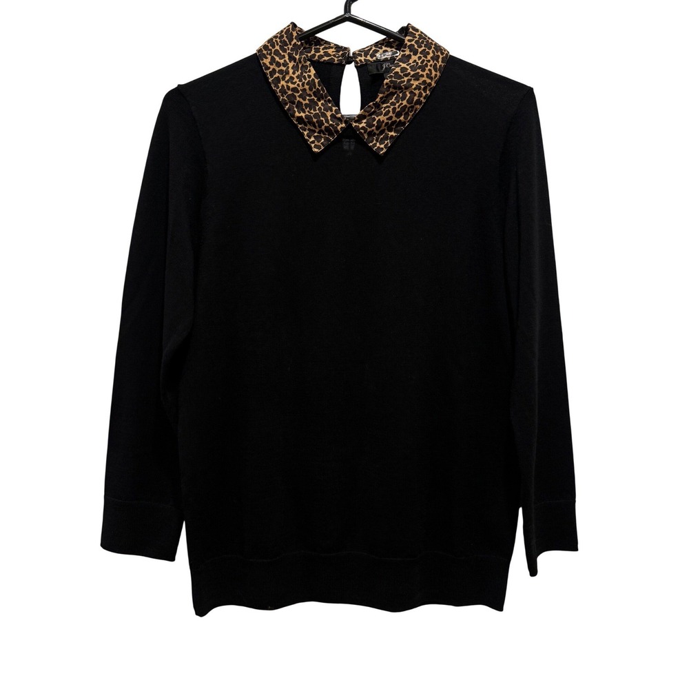 J.Crew 100% Merino Wool Sweater Women M Black Leopard Collar Preppy Office Work